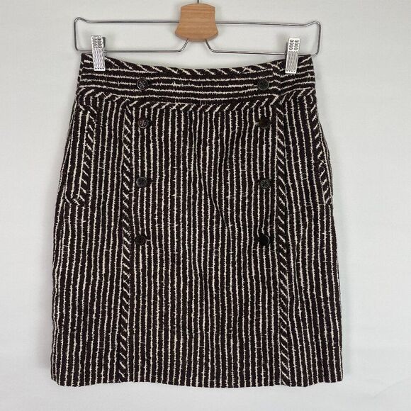 Tory Burch Zig Zag Striped Button Front Mini A Line Skirt Brown/ Cream 2 - Picture 1 of 8